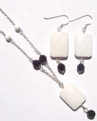 Sterling silver white agate and faceted jet bead necklace and earrings